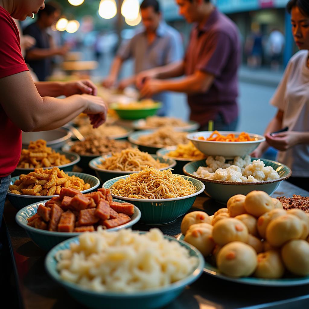 Hình ảnh các quầy hàng đồ ăn đường phố đa dạng và hấp dẫn trên đường Nguyễn Tri Phương.